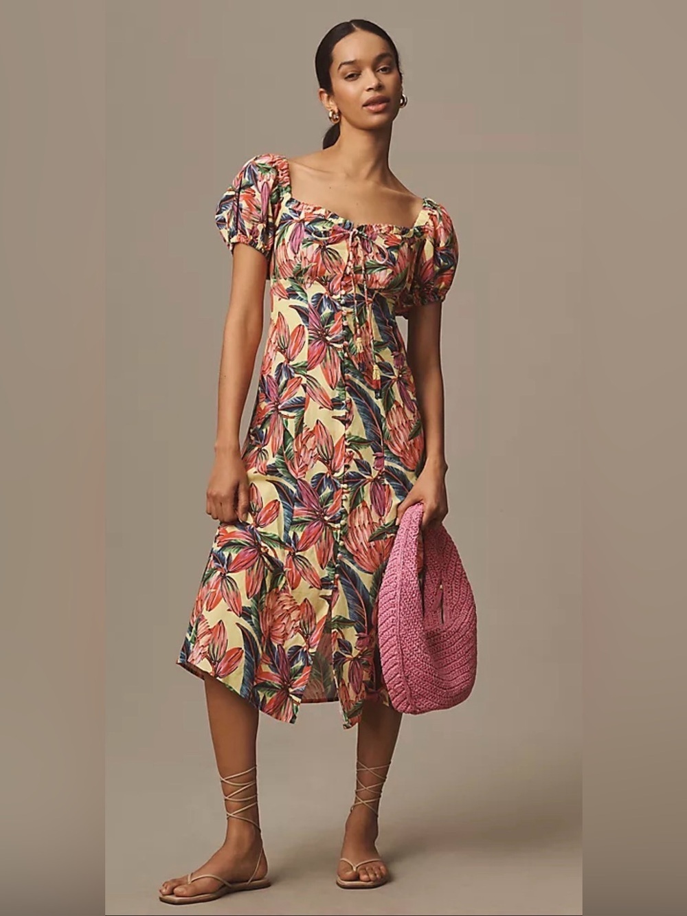 Farm Rio x Anthropologie Puff-Sleeve Sweetheart Linen Midi Dress